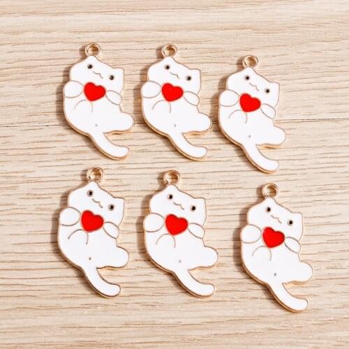 10pcs 17*29mm Cartoon Enamel Love Heart Cat Charms for Jewelry Making Animal Charms Pendants Fit Necklaces Earrings Crafts Gift