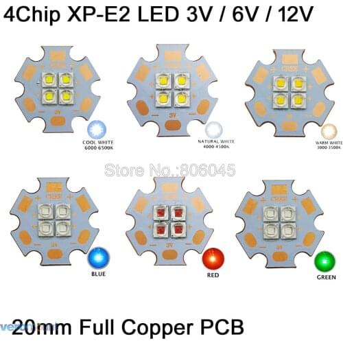 10pcs Cree XPE2 XP-E2 3V 6V 12V 4Chips High Power LED Emitter Cool White Warm White Neutral White Red Colors on 20mm Copper PCB