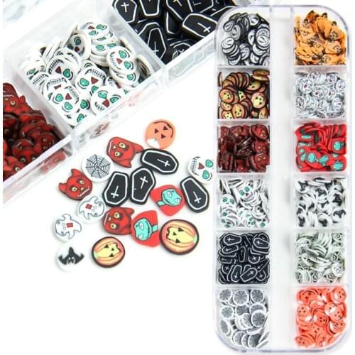 12 Grids Halloween Nail Art Ghost Witch Jack-o-lantern Skeleton Polymer Clay Slices Decoration Sequins Nail Supplies Accessories