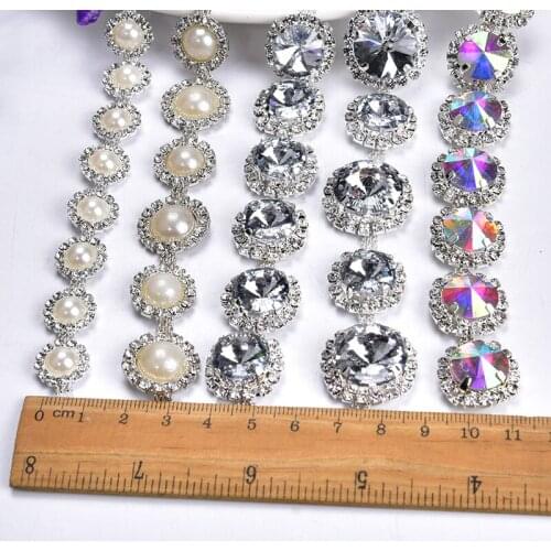 2Yard/lot 5A Glass Rhinestone Trim AB Clear Crystal Round Pearl Flower Chain Wedding Decoration Sew On Garment DIY Accessories