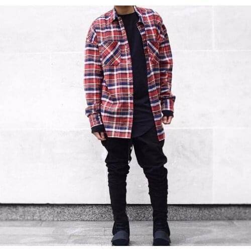 2018 US Hip Hop Most popular justin bieber FOG fog Men unisex flannel Long-sleeved plaid oversized dress shirt in red