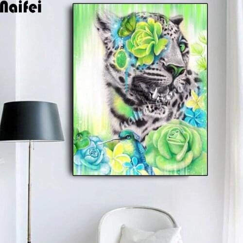 5D Diamond Painting Green Tiger and Rose Diamond Embroidery Animal Pattern Cross Stitch Full Rhinestone Mosaic Home Decor Gift