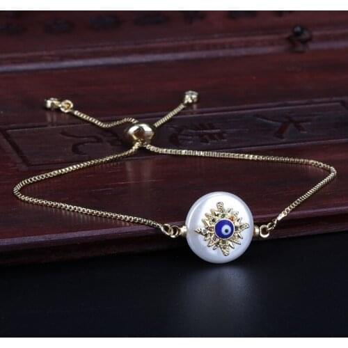 Rainbow Mix Cz Micro Paved Star Evil Eye Protection Charm Pearl Connector Charm Gold Dainty Link Bracelet For Woman Jewelry Gift