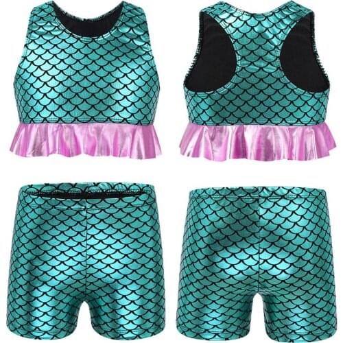 Kids Fish Scales Printed Crop Top with Gymnastics Shorts Girls Ballet Jazz Dancewear Stage Performance Mermaid Costume