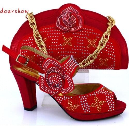 Doershow Matching Shoes With Bag Set With Rhinestones Elegant red Color Fashion African Shoes And Bag Set For Party!HVB1-81