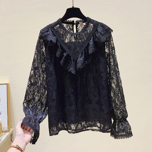 Elegant Lace Blouse Women 2021 Spring New Ruffle Shirt Long Sleeve Stand Collar Female All-Match Tops Blusas White Black Pink