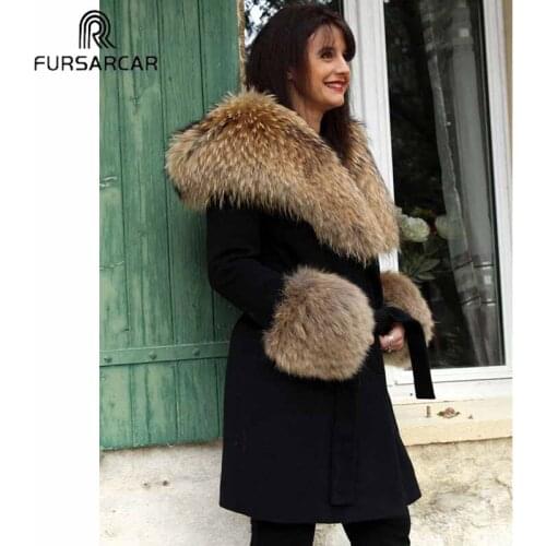 FURSARCAR Natural Winter Fur Jacket With Fur Hood Women Fashion Luxury Cashmere Long Coat 2020 New Black Raccoon Fur Collar Coat
