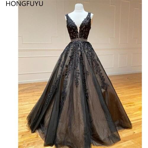 HONGFUYU Lace Deep V Neck Prom Formal Dress Tulle Appliques Ball Gown With Beaded Belt Evening Dresses Long vestidos de noite