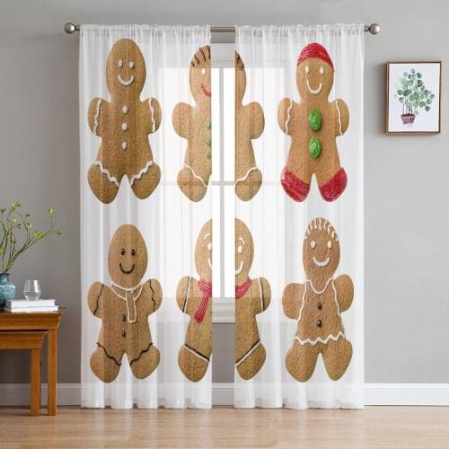 Gingerbread Man Christams Tulle Curtains for Living Room Decoration Modern Chiffon Sheer Voile christmas curtains