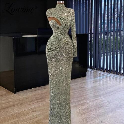 Lowime Green Beaded One Shoulder Evening Dress Plus Size Arabic Long Party Dress Mermaid Prom Dresses Custom Made Robes Vestido
