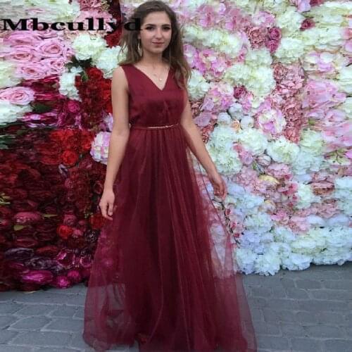 Mbcullyd Chic Burgundy Bridesmaid Dresses Long 2020 A-line V-neck Wedding Guest Dress Tulle Backless robe demoiselle d'honneur