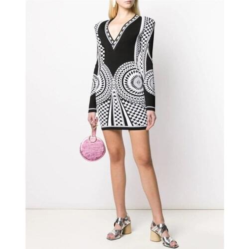 Fashion Jacquard Black Long Sleeve V Neck Bodycon Rayon Bandage Dress Women Party Dress