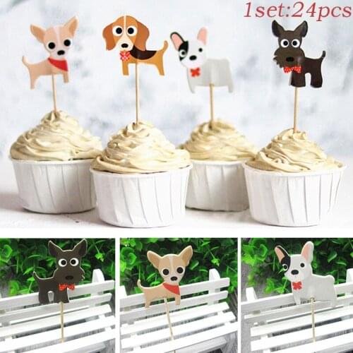 24pcs Animal Cake Dessert Card Topper Cartoon Dog Cat Decoration Birthday For Cute Kids Party Card Decor Baking Supplies