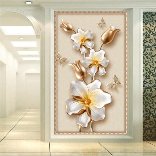 Beibehang Family living room corridor custom wallpaper 3D luxury golden flowers jewelry porch background wall photo wallpaper