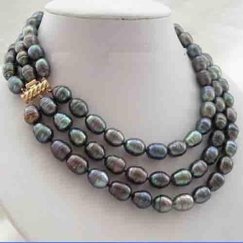 Stunning 3 Rows 11-13mm Black Rice Freshwater Cultured Pearls Necklace,Genuine Pearl Jewellery,18-20inches,New Free Shipping