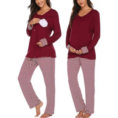 Long Sleeve Pajamas For Pregnant Nightwear Maternity Long Sleeve Nursing Baby T-Shirt Tops+Adjustable Pants 2pcs Pajamas Set