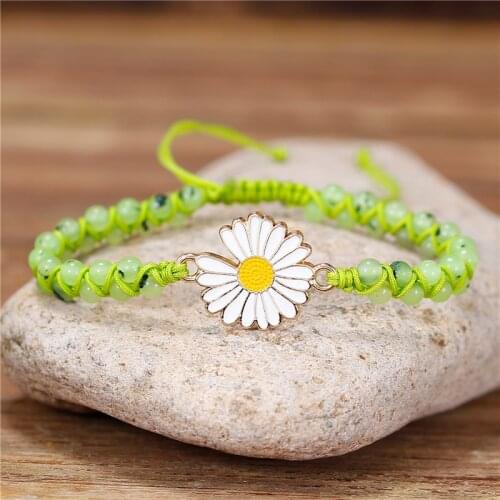 Ethnic Green Natural Stone Beads Braided Bracelets Daisy Charm Macrame Bracelet BOHO Women Beaded Bracelet Jewelry Dropshipping