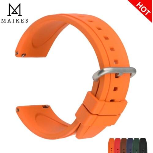 MAIKES 20mm 22mm Orange silver buckle Fluorine Rubber Watch Strap Men Women Quick Release Spring Bar Sport Waterproof Watchband
