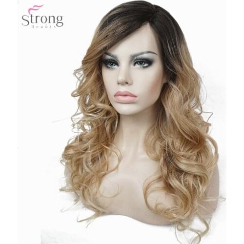 StrongBeauty Lace Front wigs Monofilament Side Part Heat ok Ombre Brown/Blonde Long Curly Hair Synthetic Women' Wig