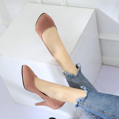 Sexy Thin Heel High Heels Fashion Red Sole Womens Pumps Nude Elegant Solid Flock Pointed Toe Dress Party Wedding Shoes
