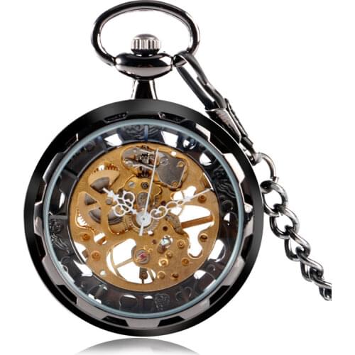 Vintage Classic Black Open Face Skeleton Mechanical Hand Winding Pocket Watch Men Women Pendant with Fob Chain Birthday Gifts