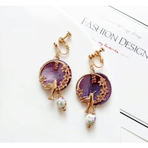 Vintage Purple Shell Beads Earrings Gold Color Round Circel Flower Birds Clip Earrings No Pierced Ear Clip For Lady Women Dating
