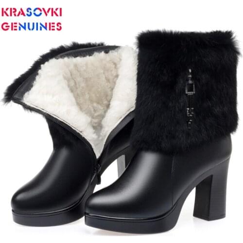 Krasovki Genuines Wool Women Snow Boots Warm Genuine Leather Fur Warm Shoes Plush Fashion High Heel Women Ankle Winter Boots