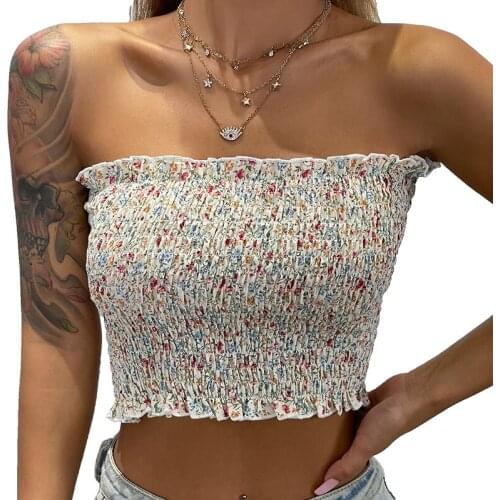 Women Sexy Floral Off Shoulder Elastic Tube Tops Summer Tank Tops Bra Strapless Sleeveless Bandeau Crop Top Vest