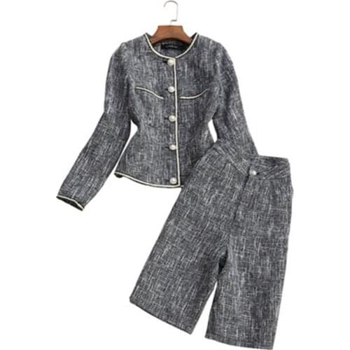 Fashion casual two-piece Sets women spring fall New high quality Tweed stitching plaid white jacket + five-point pants Set women