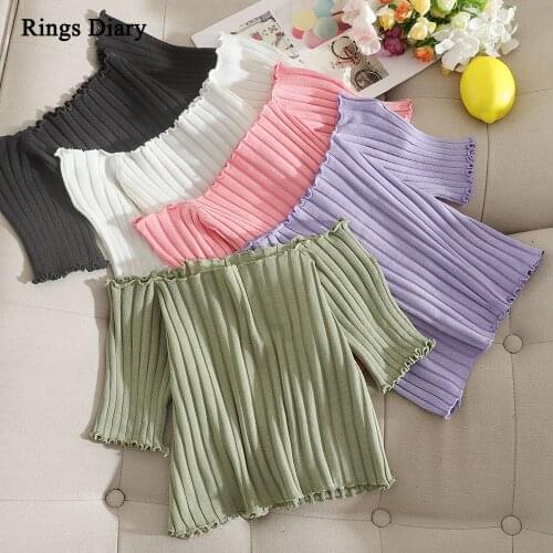 Rings Diary Women T-shirts Off Shoulder Knitting Crop Top Women Short Sleeve Stretchy Ruffles Hem t-shirts Ribbed Tops For Women