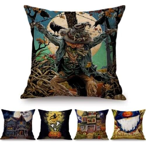18" Halloween Watercolor Painting Pumpkin Witch Black Crow Cotton Linen Room Decoration Pillow Case Backyard Bench Cushion Cover