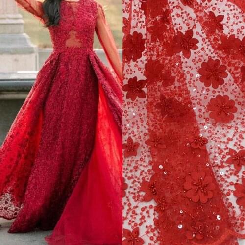 2021 New Quality Red Embroidery Beaded Lace Sequins Bridal Fabric For Wedding Evening Dress 5 Yards HY1312-1