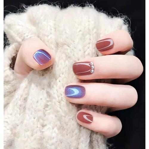 24pcs Aquamarine Pearl Wear Short Paragraph Fashion Manicure Patch False Nails Save Time Wearable Nail Patch SANA889