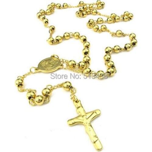 28''+4.5'' yellow Gold JESUS Cross Pendant Rosary Necklace 316L Stainless Steel Men Womens Fashion Long Chain 6mm beads