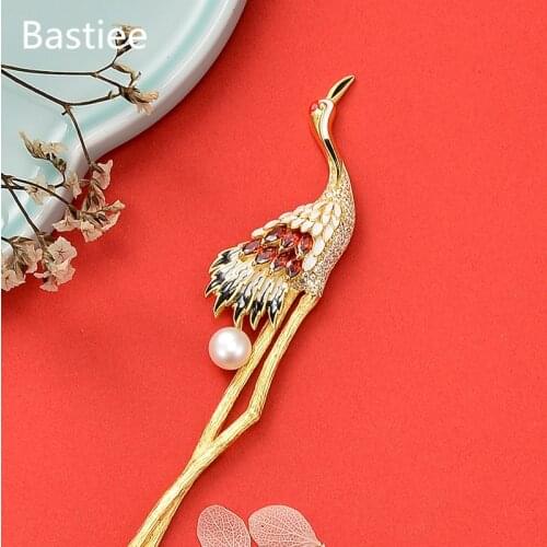 Bastiee Red Crowned Crane 925 Sterling Silver Hair Stick Women Luxury Wedding Hairpin Hanfu Accessories Pearl Zircon