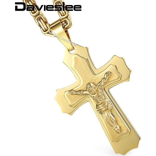 Gold Silver Color 2-Layers Jesus Cross Pendant Necklaces for Men Heavy Link Box Byzantine Chain 316L Stainless Steel KPM141