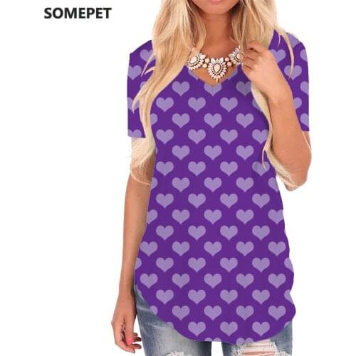 SOMEPET Love T Shirt Women Pattern Tshirts Printed Purple V-neck Tshirt Harajuku Shirt Print Womens Clothing Summer Cool