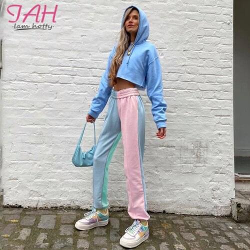 IAMHOTTY Solid Colorful Patchwork Sweatpants Women High Waist Loose Casual Cargo Pants Femme Elastic Trousers Korean Pants 2020