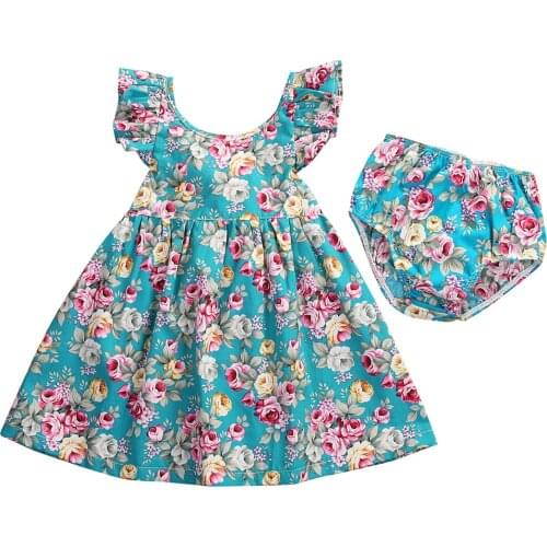 2PCS Kid Clothing Set Newborn Baby Girl Clothes 2017 Summer Floral Ruffle Dress Sundress Briefs Outfits