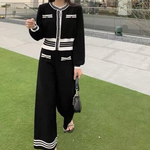 Korean Tracksuits Autumn Knitted Women Button Cardigan Top And Wide Leg Pants Contrast Color Striped Two-Piece Women Suit Sets