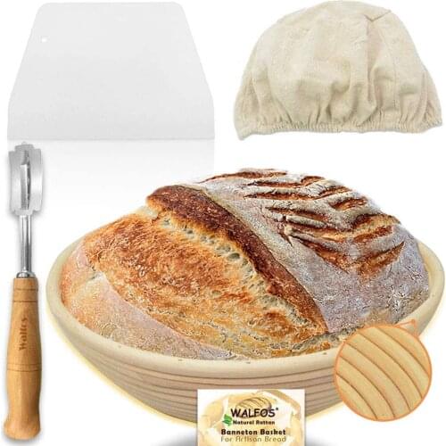 Walfos 10 Inch Round Banneton Proofing Basket Set - French Style Sourdough Bread Basket 100% Natural Rattan Hand Crafted Bread