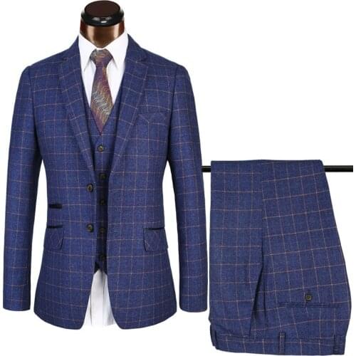 2021 Blue Formal Business Men Suits Costume Homme Plaid Suit Three Piece Slim Fit Mens Wedding Suit For Groom Tuxedo Best Man