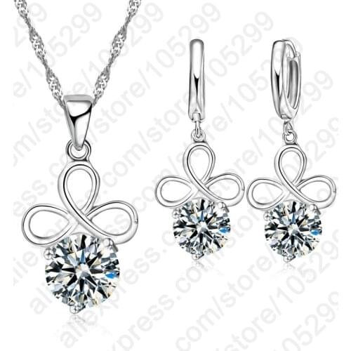 Round Clear Cubic Zirconia White Zircon 925 Sterling Silver Bridal Wedding Jewelry Sets Earrings/Pendant/Necklace For Wome