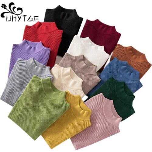 UHYTGF Autumn winter sweater Womens long-sleeved Knitted inside stretch warm Female sweater pullover slim short sweaters 1180