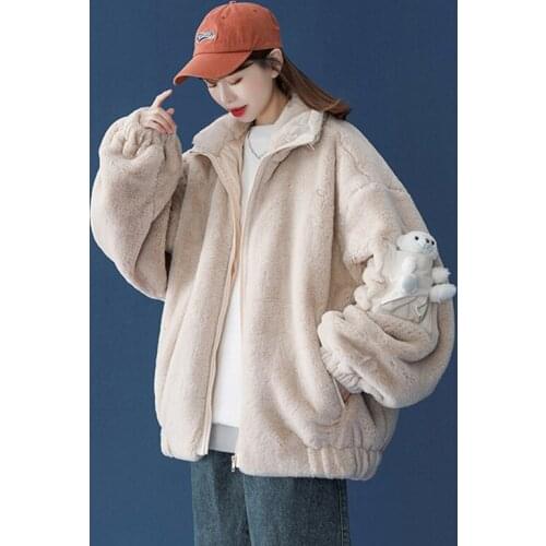 Women Winter Coat Cute Stereo Bear Lamb Fur Thicken Sweet Style Temperament Loose Coats Warm Cotton Unique Design Outerwear