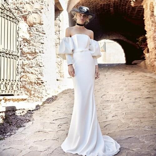 Mermaid Strapless Satin Bridal Gowns Custom Made Zipper Fluffy Sleeves Buttons Simple Elegant 2021 Plus Size Wedding Dresses