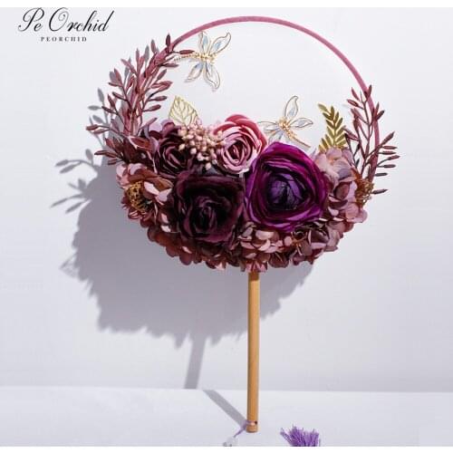 PEORCHID Chinese Style Bridal Handheld Bouquet Fan Purple Brides Holding flowers Artificial Antique Handmade Wedding Favors