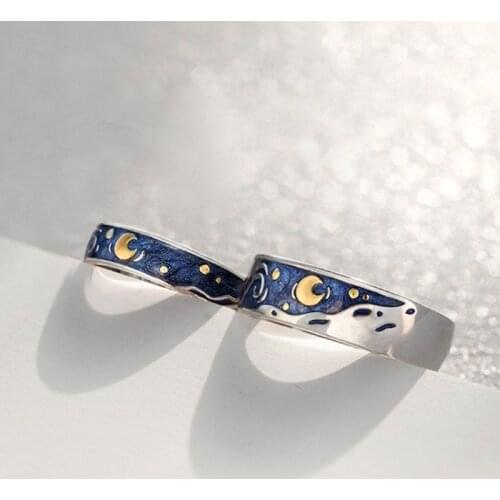 S925 Van Gogh Starry Sky Open Lover Rings Band Romantic Couple Jewelry Ring