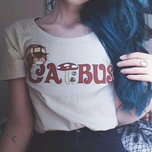 Japanese Cute Catbus Women Tee Harajuku Kawaii Unisex Man Graphic Aesthetic Cotton Short Sleeve Anime Print Casual T Shirt Tops