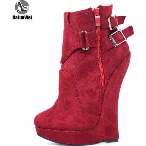 Jialuowei High Heel Boots Women 7 inch Extreme High Heel Platform Sexy Fetish Wedge Heeled Buckle Straps Ankle Boots Size 36-46